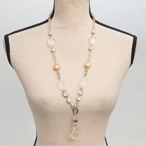 Y necklace romantic boho vibe unique shaped clear & gold beads silver accents